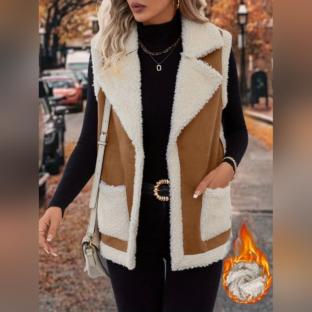 Women's Brown and Cream Sherpa Vest - Picture 5 of 9